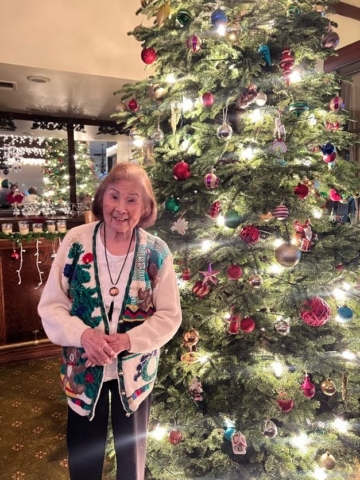 Celebrating Christmas at The Oaks of Pasadena is our beloved resident, Ada, age 99!