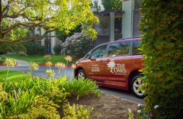 The Oaks of Pasadena independent living community provides complimentary transportation Monday-Friday during regular business hours, with additional weekend hours scheduled