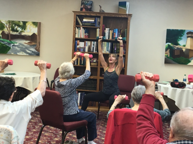 Our exercise instructor, Claudia, leads morning classes at The Oaks of Pasadena