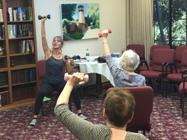 Exercise class every morning at The Oaks of Pasadena helps our residents stay active and fit