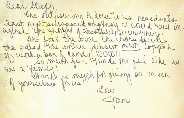 A hand-written thank-you note from a resident of The Oaks of Pasadena after our annual Christmas party