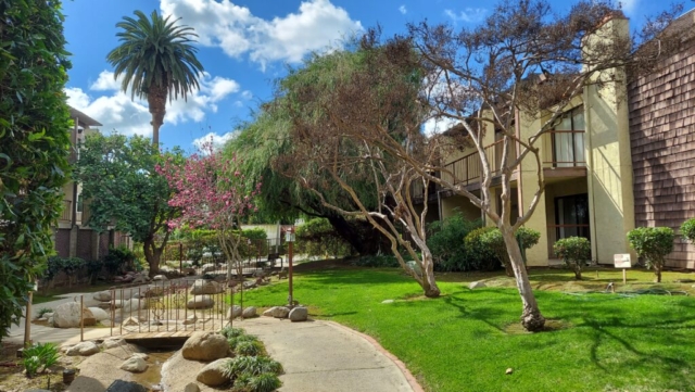 A beautiful day in early spring at The Oaks of Pasadena, looking along the walking path which crosses our stream.