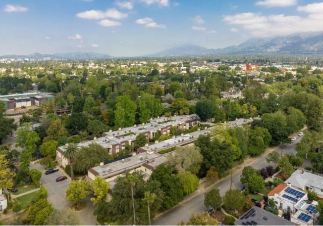 Aerial photo of The Oaks of Pasadena senior living community, showcasing its green, tree-lined setting and tranquil environment — recognized as a Top Senior Facility in 2024 by L.A. Magazine