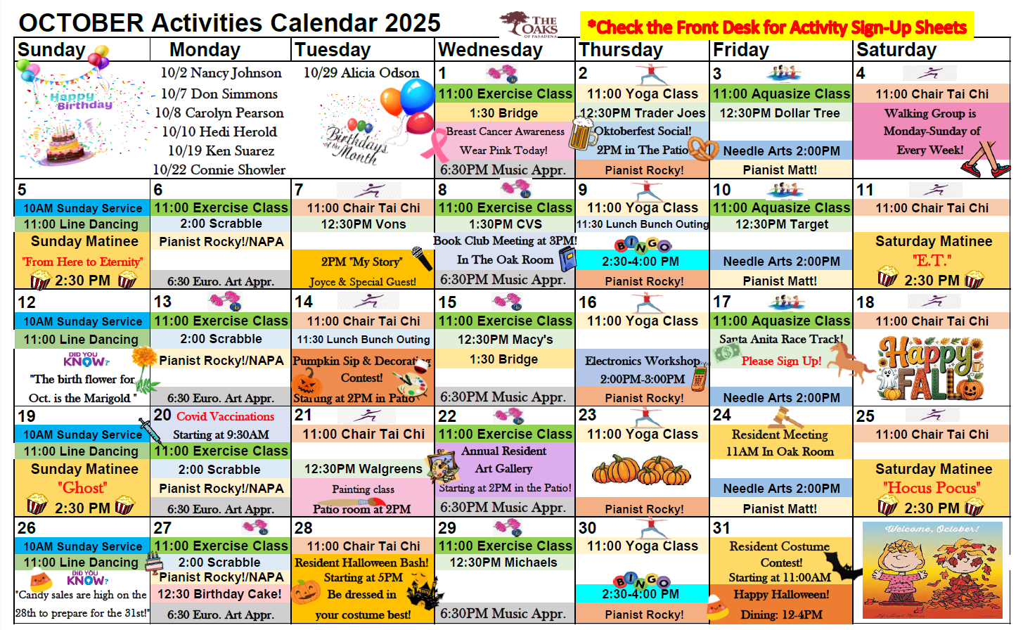 Calendar of Activities - The Oaks of Pasadena - October 2025 October Calendar of Events - The Oaks of Pasadena